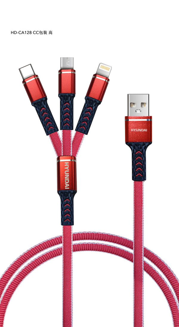 Hyundai 3-in-1 Data Cable : HD-CA128 USB to (Type-C/Lightning/Micro-USB)/Multicolor